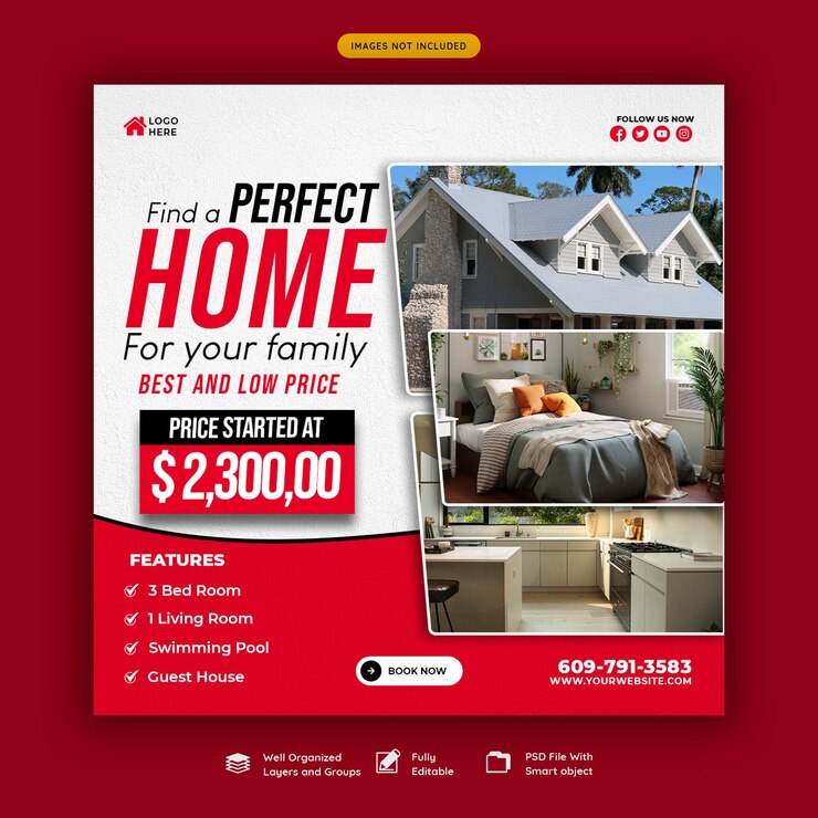 Free PSD real estate house property instagram post or social media banner template