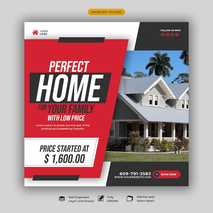 Free PSD real estate house property instagram post or social media banner template