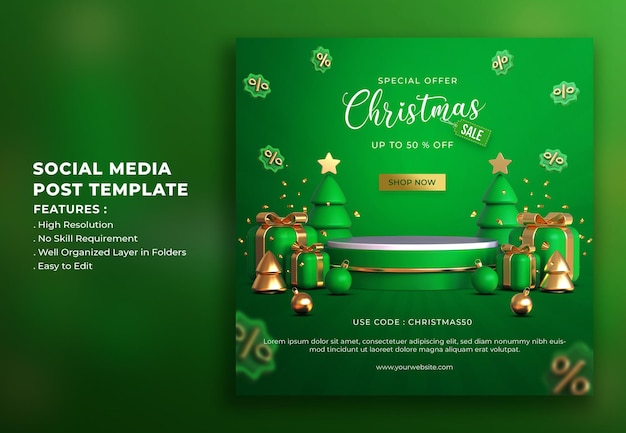 Realistic 3d christmas sale social media post template