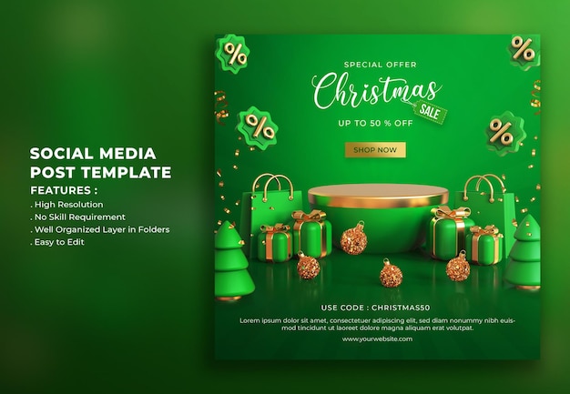 Realistic 3d christmas sale social media post template