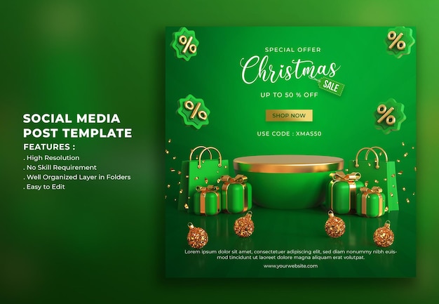 Realistic 3d christmas sale social media post template