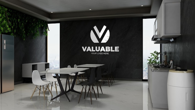 Realistic 3d company wall logo mockup in modern cafe bar interior or pantry room at offic