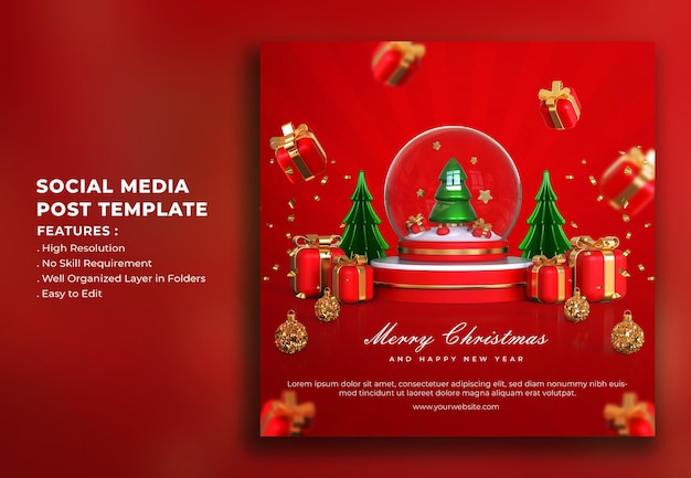 Realistic 3d merry christmas and happy new year social media post template