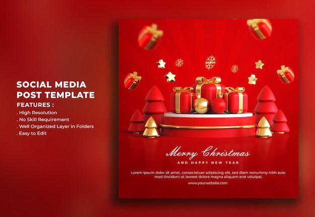 Realistic 3d merry christmas and happy new year social media post template