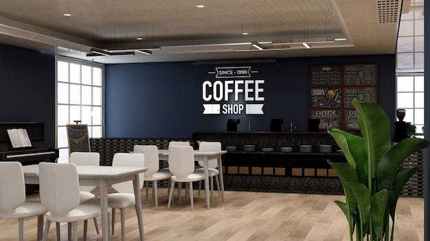 현대적인 커피숍 바 내부의 현실적인 3d 벽 로고 모형