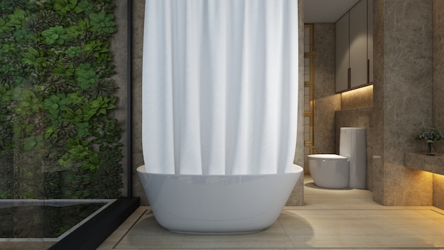 Free PSD realistic bathroom with bath and toilet in a modern house