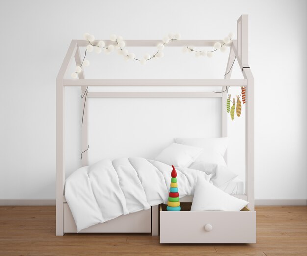 家の形のベッドと現実的な寝室