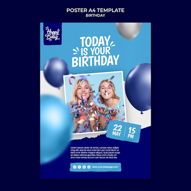 Бесплатный PSD Реалистичный шаблон плаката для празднования дня рождения
