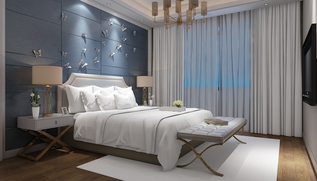 Free PSD realistic bright modern double bedroom with furniture