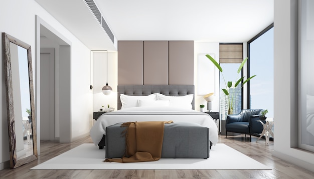 가구와 현실적인 밝은 현대 더블 침실