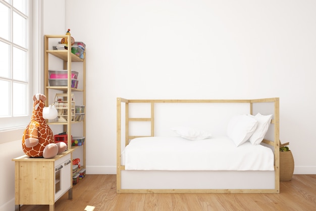 Бесплатный PSD Реалистичная детская спальня с кроватью и полками