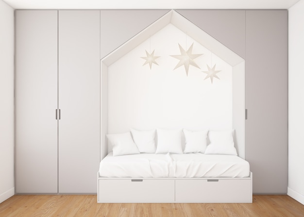 Free PSD realistic childish bedroom with wardrobe and a bed