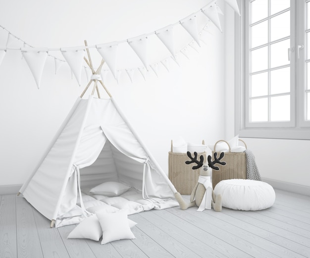 realistic childish tent with toys in a bedroom