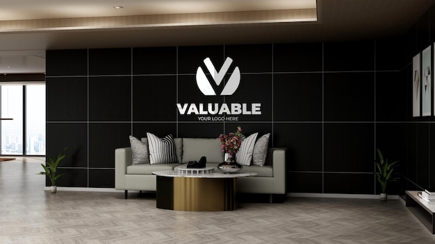 Реалистичный макет логотипа компании в вестибюле офиса с диваном Premium Psd