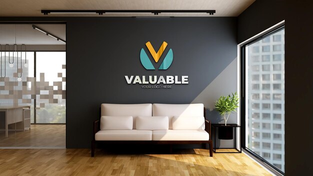 Realistic company logo mockup in the modern office lobby waiting room with wooden floor