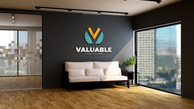 Realistic company logo mockup in the modern office lobby waiting room with wooden floor