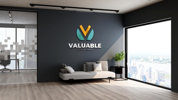 Realistic company logo mockup in the modern office lobby waiting room with wooden floor