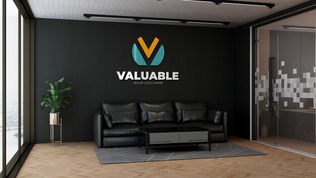 Realistic company logo mockup in the modern office lobby waiting room with wooden floor