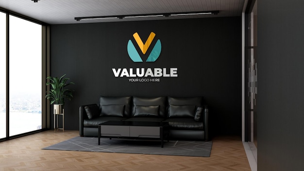 Realistic company logo mockup in the modern office lobby waiting room with wooden floor
