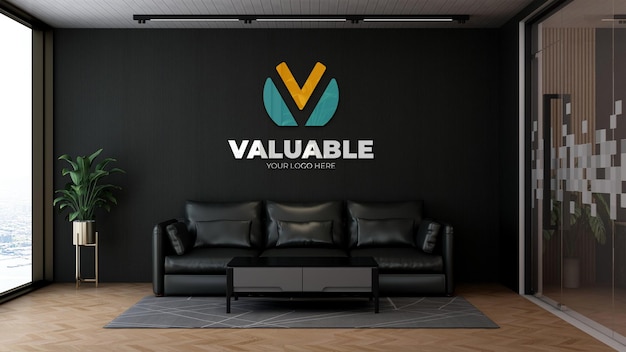 Realistic company logo mockup in the modern office lobby waiting room with wooden floor