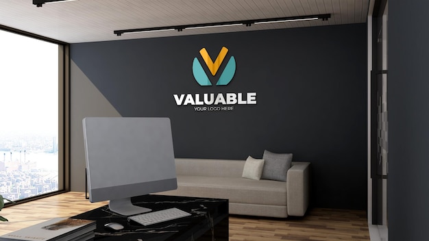 Realistic company logo mockup in the modern office lobby waiting room with wooden floor