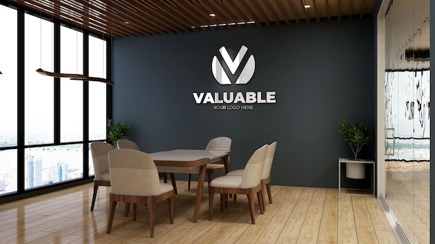 Realistic company logo mockup in wooden minimalist office meeting room for a branding logo Premium Psd