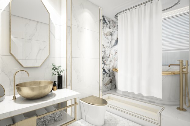 realistic elegant bathroom with bath