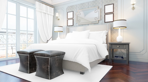 реалистичная элегантная спальня с двуспальной кроватью с мебелью и большими окнами