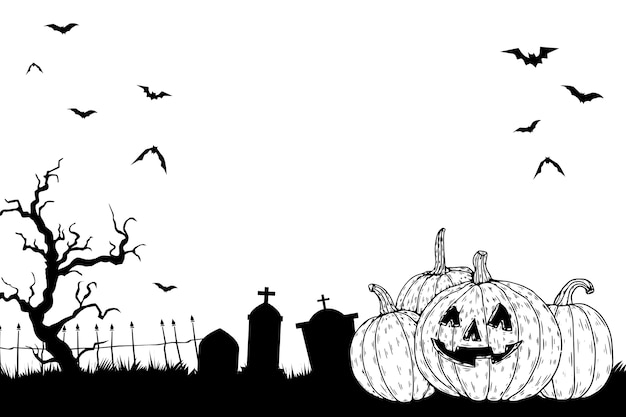 Бесплатный PSD Реалистичная нарисованная вручную иллюстрация хэллоуина с тыквами и кладбищем