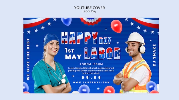 PSD gratuito modello di copertina youtube realistico per la festa del lavoro