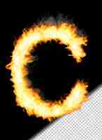 Free PSD realistic letter c made of fire on transparent background