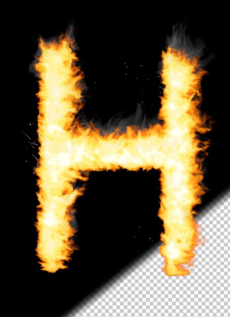 Realistic letter H made of fire on transparent background