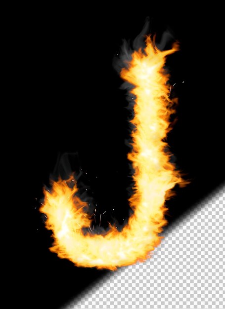 Realistic letter J made of fire on transparent background