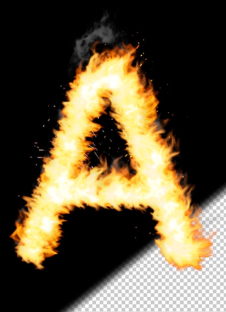 Realistic letter A made of fire on transparent background