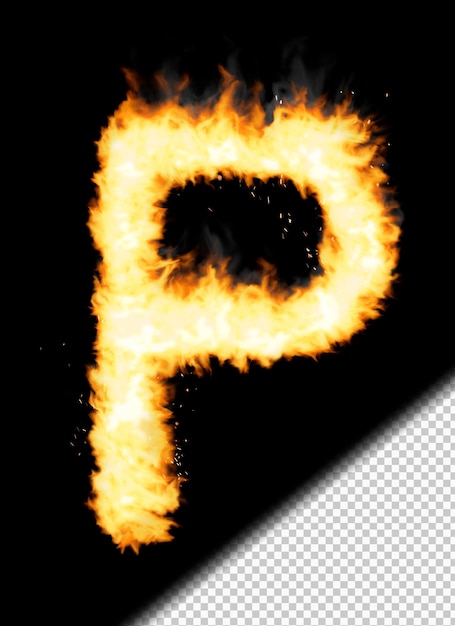 Realistic letter p made of fire on transparent background