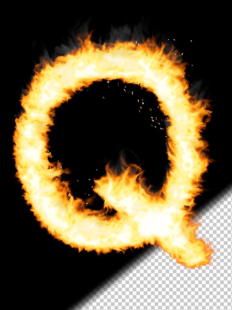 透明な背景に火で作られたリアルな文字Q