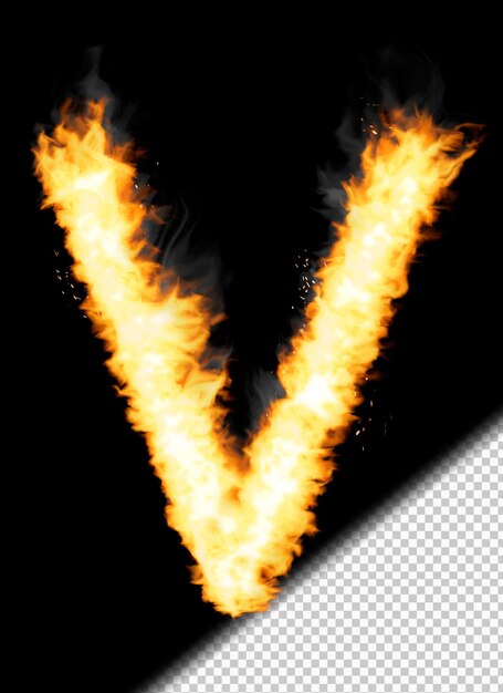 透明な背景に火で作られたリアルな文字V