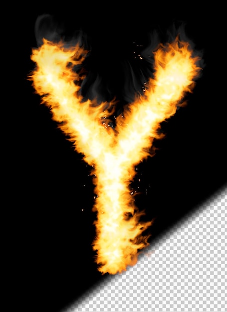 Realistic letter Y made of fire on transparent background