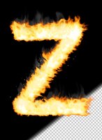 realistic letter z made of fire on transparent background