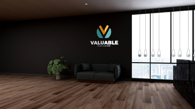 Realistic logo mockup in the office lobby waiting room with sofa