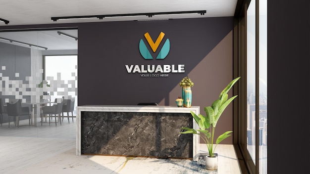 Realistic logo mockup template in the modern office reception or front desk room