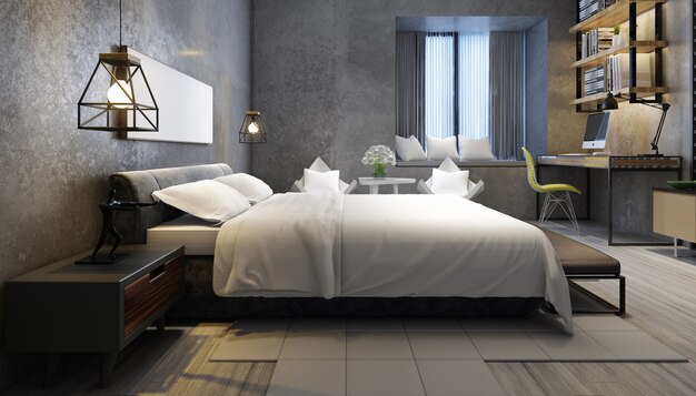 가구와 프레임 현실적인 현대 더블 침실