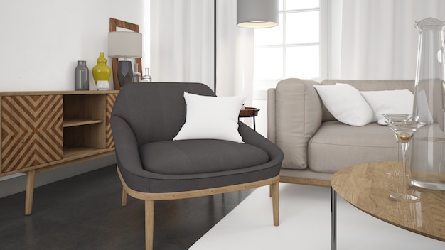 Soggiorno moderno realistico con divano e parete bianca