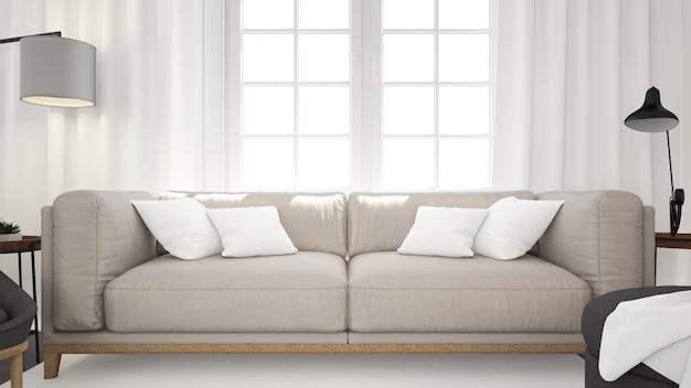 реалистичная современная гостиная с диваном и белой стеной