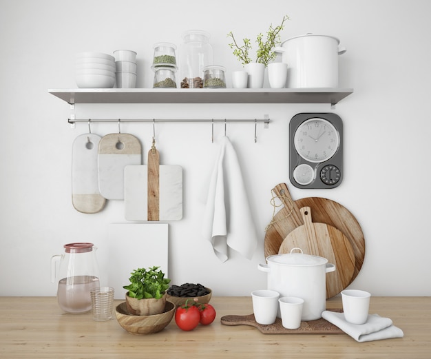 realistic shelves in a kitchen with utensils