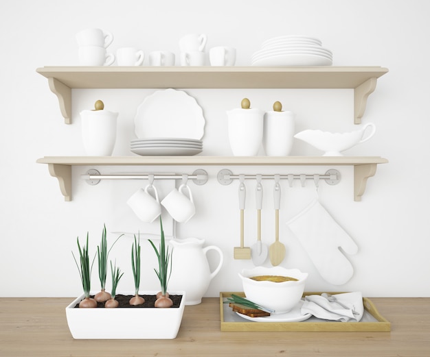 Realistic shelves in a kitchen with white plates