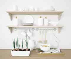 Free PSD realistic shelves in a kitchen with white plates