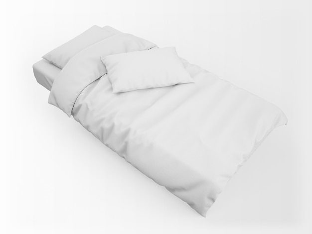 無料PSD リアルなシングルベッド、羽毛布団、枕のモックアップ