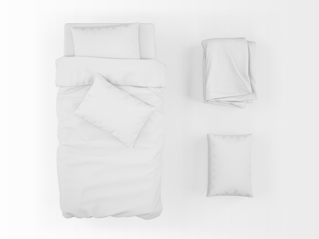 realistic single bed, duvet and pillow mockup on top view