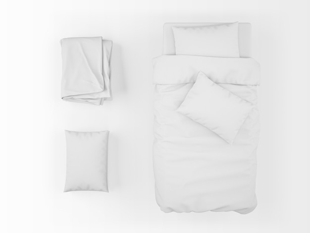 realistic single bed, duvet and pillow mockup on top view